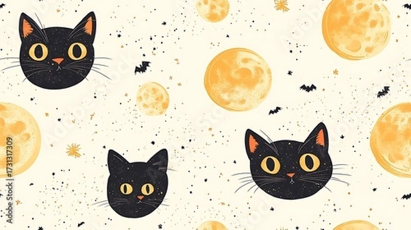 Fototapeta A tileable pastel Halloween pattern of round-eyed black cats, golden full moons, subtle sparkles, and gothic lace strips crisscrossing the design on a soft cream background.