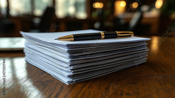 Fototapeta A stack of papers, pen, and laptop with a team meeting of lawyers reviewing contracts