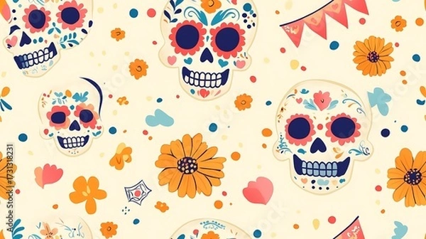 Fototapeta Seamless pattern of Día de los Muertos sugar skulls with soft pastel decorations, cute smiles, marigold flowers, confetti dots, and papel picado banners, evenly arranged on a pale yellow backdrop.