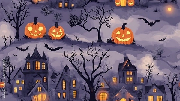 Fototapeta Seamless vector pattern of adorable haunted houses with crooked roofs, glowing pumpkins with winking faces, fog rolling between trees, and bats overhead, set on a pastel grayish-purple background.
