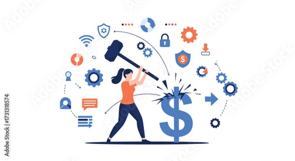 Fototapeta A person is smashing a dollar sign with a large hammer representing financial destruction.
