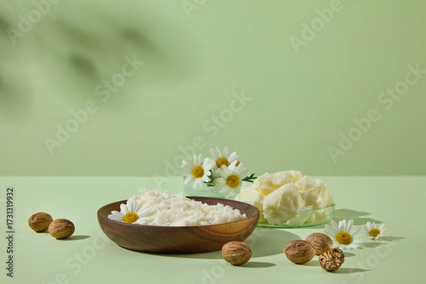 Fototapeta Front view of shea butter cream in wooden bowls with chamomile flowers and shea nuts on pale green surface. Natural ingredients for beauty photography.