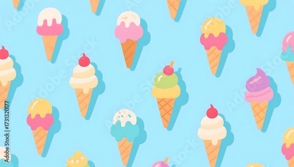 Fototapeta Colorful Pattern of Ice Cream Cones Against a Blue Background