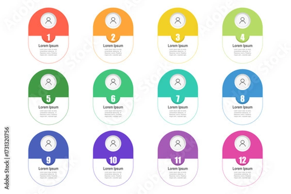 Fototapeta For business concept with 12 steps infographics, rectangle shape with multicolor label, design for workflow layout, diagram, annual report, web design. vector illustration