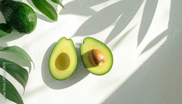 Fototapeta Fresh green avocado halves placed on a white background, photographed in a bright minimalist spring food style
