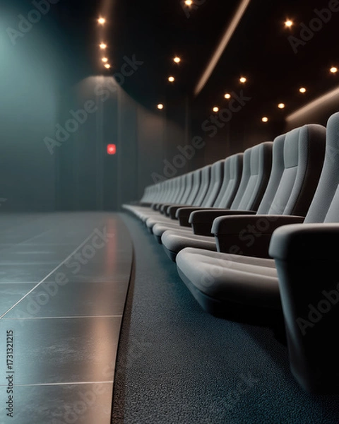 Fototapeta Modern theater seat row, empty auditorium, soft lighting, cinematic atmosphere, contemporary design, calm mood, dark interior