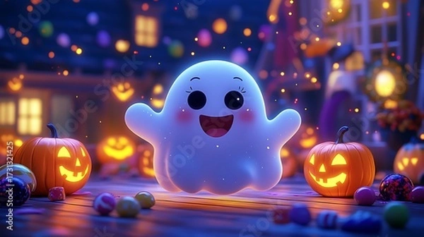 Fototapeta A cute cartoon ghost with rosy cheeks floating joyfully among glowing jack-o'-lanterns and colorful candy, bright night sky filled with stars, whimsical Halloween decorations in the background.