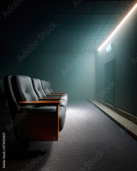 Fototapeta Empty theater seat row illuminated by soft light, moody atmosphere, modern interior, carpeted floor, tranquil and cinematic vibe