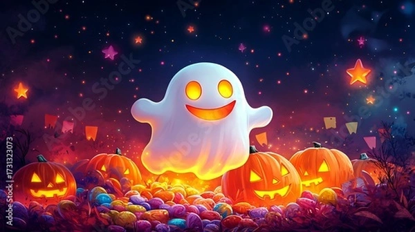 Fototapeta A playful cartoon ghost with a happy expression floating over a pile of Halloween candy, surrounded by glowing pumpkins and festive banners, bright stars twinkling in the background.