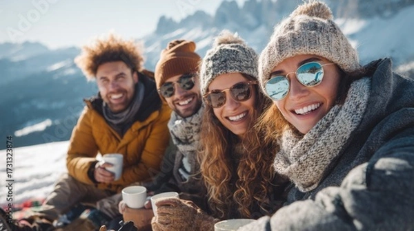 Fototapeta Group of friends smiling while enjoying coffee in snowy mountains resort 