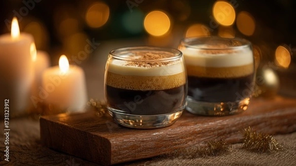 Fototapeta Two glasses of layered coffee with froth on wooden platter and candles  
