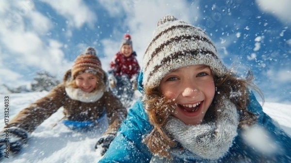 Fototapeta Children smiling while sledding down snowy hill in winter  