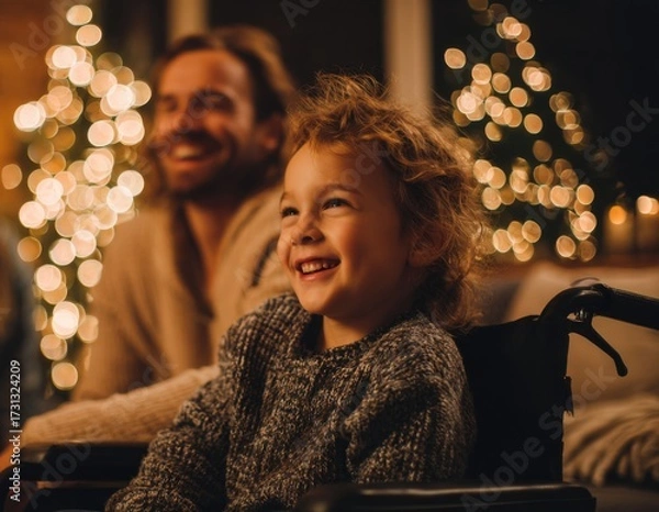 Fototapeta Child boy in wheelchair smiling joyfully with father indoors at Christmas  