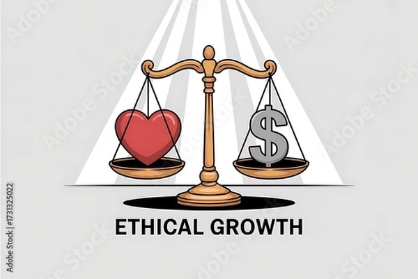 Obraz Scales of justice balancing a red heart and a silver dollar sign with the words Ethical Growth below Keywords: scales, justice, balance, heart, love, dollar, money, finance, ethics, growth