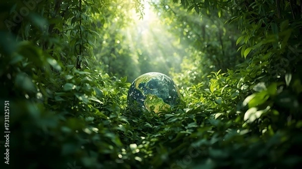 Fototapeta A lush green jungle with a transparent globe symbolizing environmental harmony and sunlight filtering through the dense foliage.