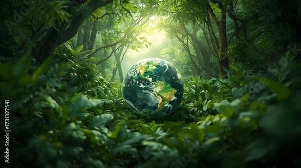 Obraz A lush green jungle with a transparent globe symbolizing environmental harmony and sunlight filtering through the dense foliage.