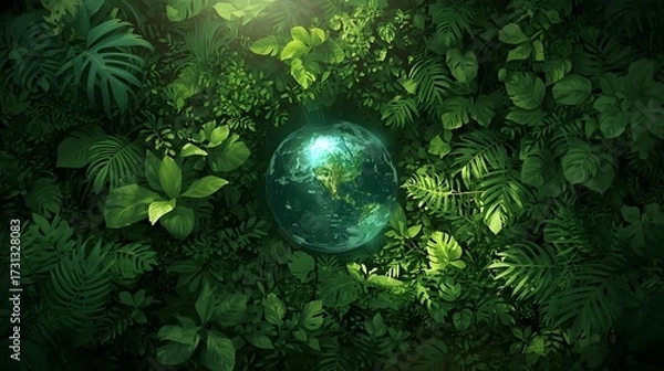 Fototapeta A lush green jungle with a transparent globe symbolizing environmental harmony and sunlight filtering through the dense foliage.