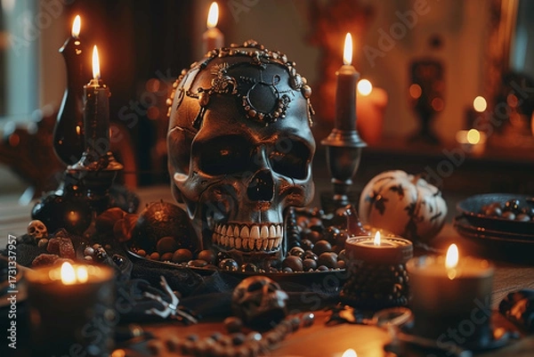 Fototapeta Ornate skull surrounded by flickering candles and dark vintage decorations