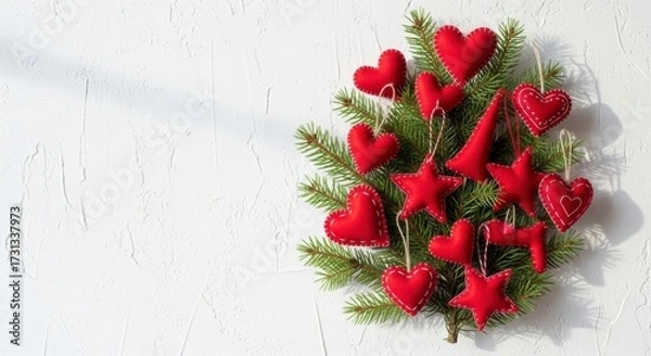 Fototapeta Festive Hearts and Stars: Heart and star ornaments adorn a christmas tree on a white background. The picture has the shadow of leaves on white wall, evoke a festive and cozy atmosphere.