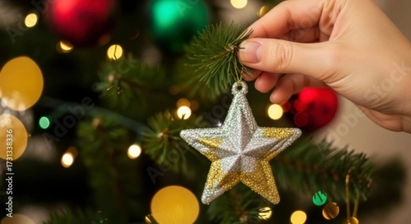 Fototapeta Festive Decoration of Christmas Tree: A hand carefully places a sparkling star ornament on a Christmas tree branch, embellished with glittering lights and colorful baubles.