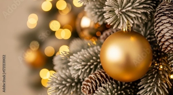 Fototapeta Golden Ornament on Pine: A close-up shot of a golden bauble suspended among the needles of a festive pine, complemented by natural pinecones and soft.