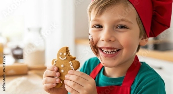 Fototapeta Joyful Baker's Moment: A young child, adorned in a chef's hat and apron, beams with delight as they hold and enjoy a gingerbread cookie. Their face, lightly adorned with a touch of sweet frosting.