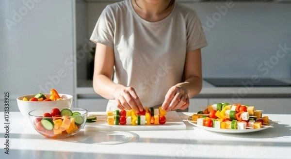 Fototapeta Crafting Culinary Delights: A culinary enthusiast meticulously arranges fresh, colorful ingredients onto skewers, creating an appetizing array of vibrant, healthy food in a sunlit kitchen.