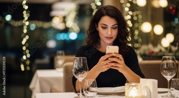 Fototapeta Elegant Solo Moment: A woman, immersed in a world of digital connection, sits alone in a beautifully lit restaurant, enjoying a moment of quiet reflection while engaging with her smartphone.