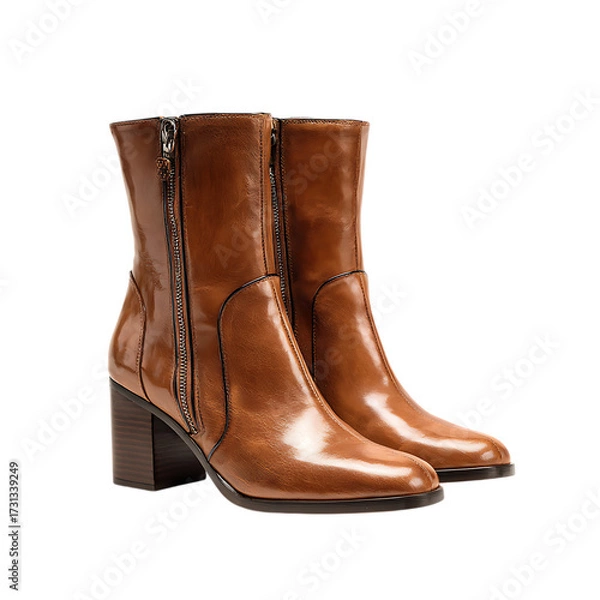 Fototapeta Elegant brown leather ankle boots with a block heel isolated on transparent background