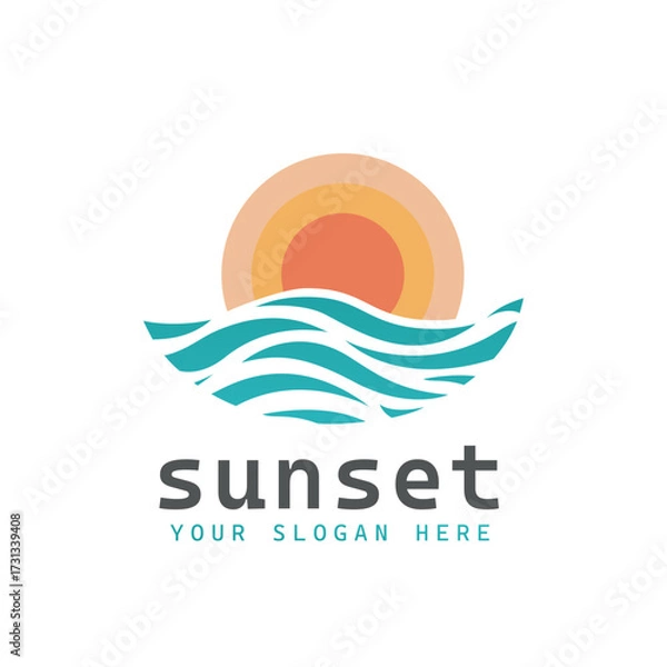 Fototapeta Circular Sun and Sea Wave Logo. Flat Vector Logo Design Template Element.