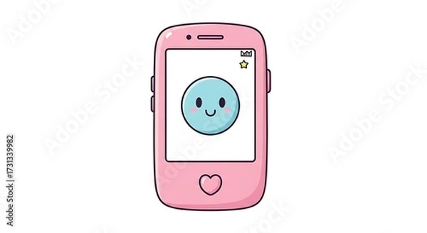 Fototapeta Pink Mobile Phone with Cute Circle Character Cartoon