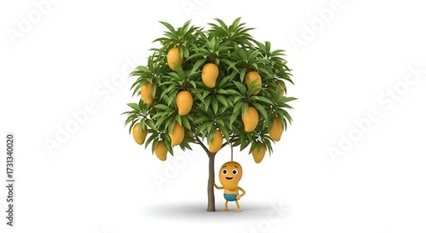 Fototapeta Cartoon Mango Character Under Mango Tree with Fruit Illustration