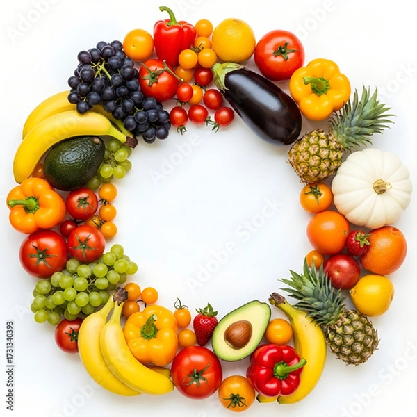 Fototapeta Fresh, healthy fruits and vegetables isolated, including ripe apple, grape, orange, banana, tomato, kiwi, lemon, and strawberry