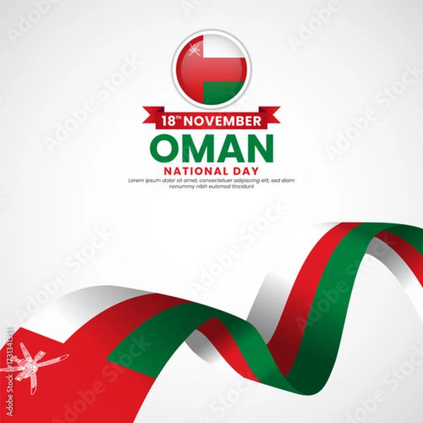 Obraz Oman national day greeting card, square banner background with warving ribbon flag