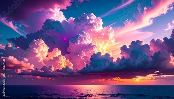 Fototapeta sunset over the ocean with dramatic cloudy sky and colorful hues background