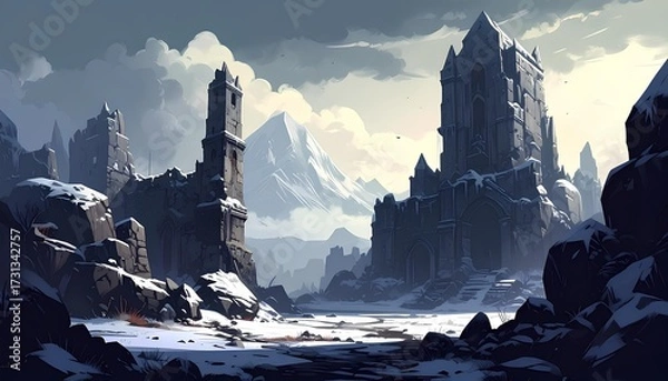Fototapeta cartoon illustration of ancient ruins and snowy mountains in the midnight in monochrome colors