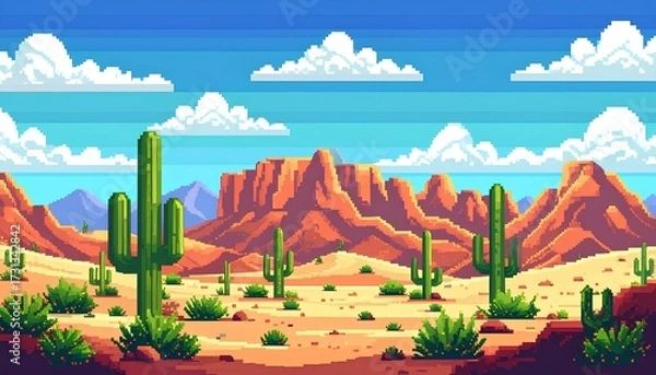 Fototapeta Pixel art illustration of desert landscape with cactus and mountains under a blue sky