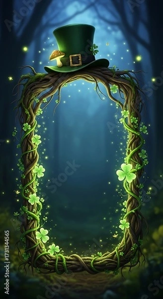 Fototapeta Enchanted Forest Frame with Leprechaun Hat and Clover