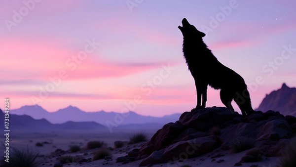 Fototapeta A silhouette of a wolf howling on a rocky outcrop against a pastel colored sunset and mountain range