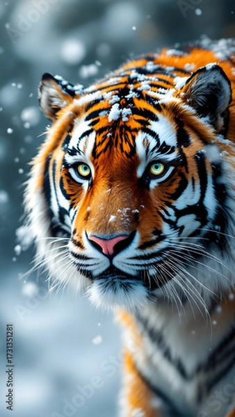 Fototapeta Close up portrait of a tiger in a snowy environment with a pink nose and striking yellow eyes staring
