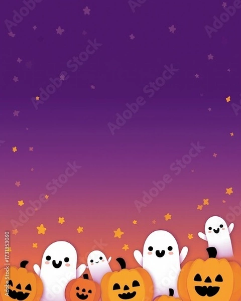 Obraz Cute cartoon Halloween background with smiling jack-o-lanterns, friendly ghosts and stars on purple orange gradient, simple vector for kids invitations