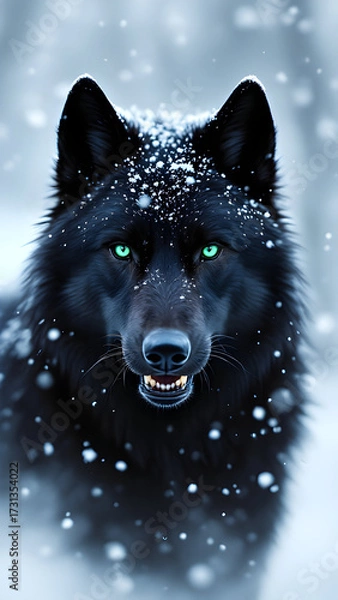 Fototapeta A close up of a black wolf with bright green eyes and snow on its fur in a wintery setting