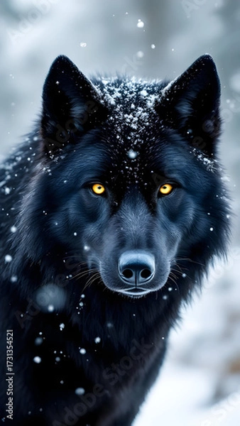 Fototapeta A close up portrait of a black wolf with yellow eyes standing in the snow covered winter background