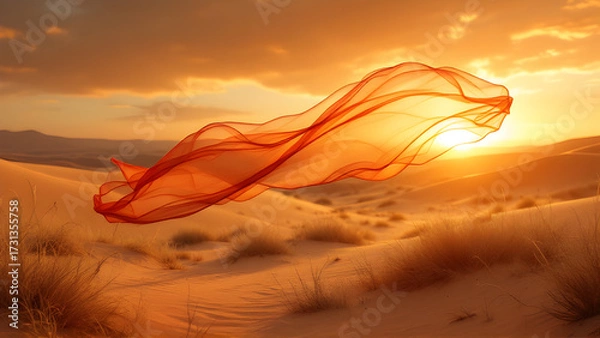 Fototapeta Flowing orange fabric in a desert landscape with a bright sunset and sand dunes visible in the background