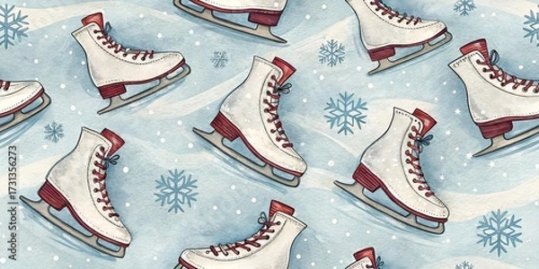 Fototapeta Ice Skates Christmas Seamless Pattern, Holiday Event Skating Fun