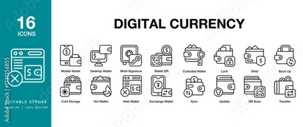 Fototapeta Digital Currency icon set. Includes technology, currency, digital, business, money and More. Editable Stroke Icon Collection.