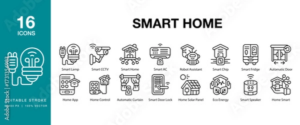 Fototapeta Smart Home icon set. Includes technology, home, smart, control, internet and More. Editable Stroke Icon Collection.