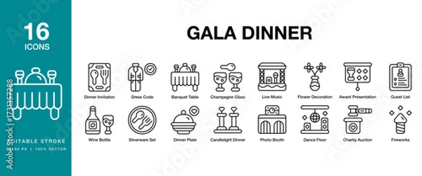 Fototapeta Gala Dinner icon set. Includes celebration, dinner, party, gala, event and More. Editable Stroke Icon Collection.