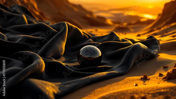 Fototapeta A shiny black sphere resting on draped black fabric in a desert landscape at golden hour light