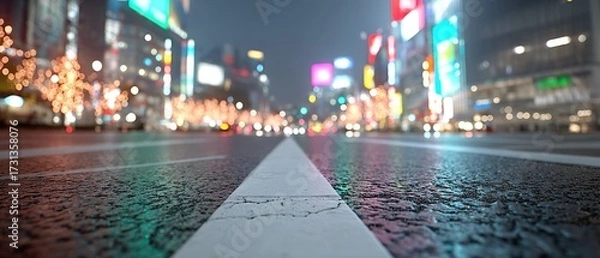 Fototapeta Macro Close Up of Shibuya Crossing Tokyo Illuminated at Night with Wet Road Surface and Blurry Lights
